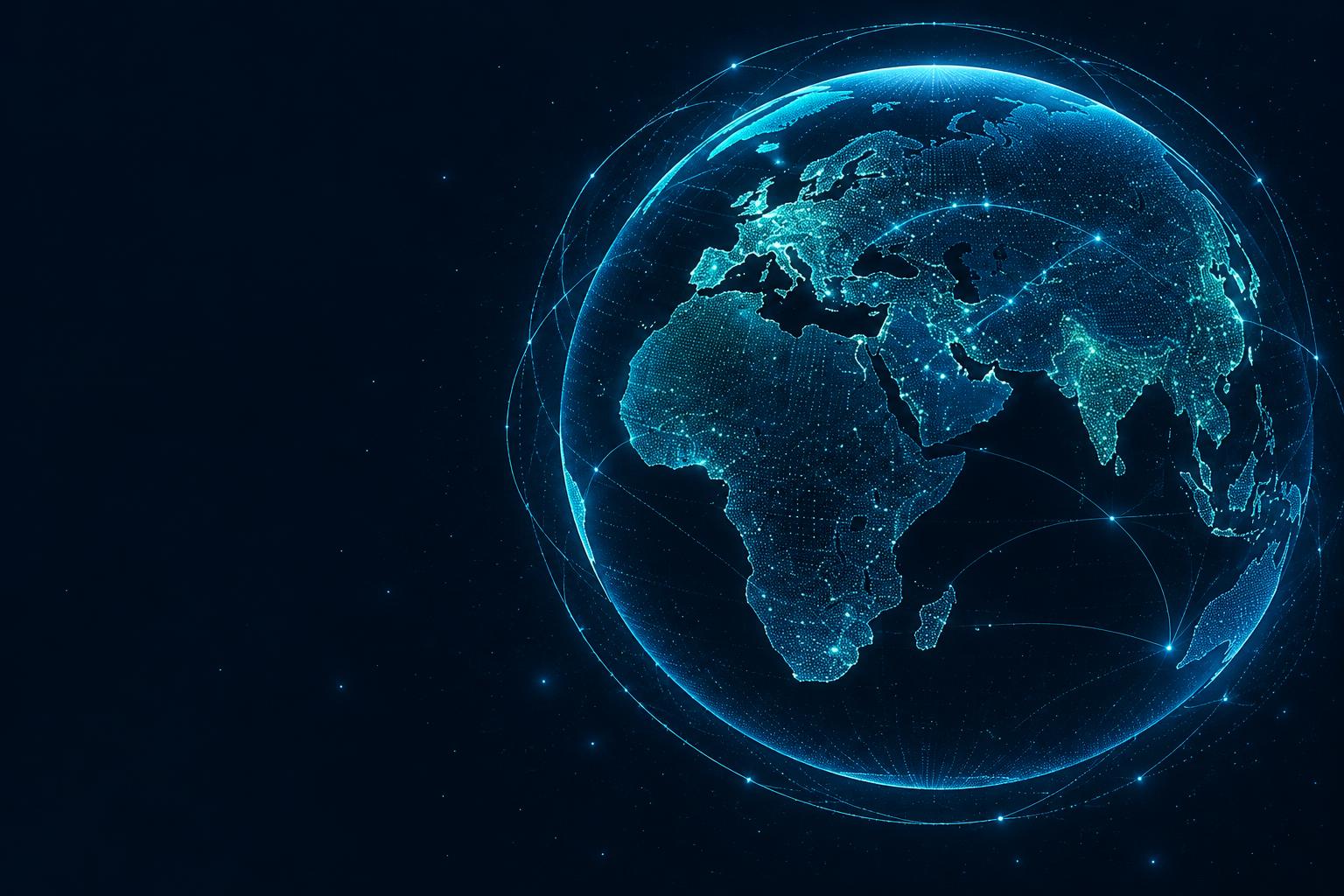 An illuminated digital globe connecting continents